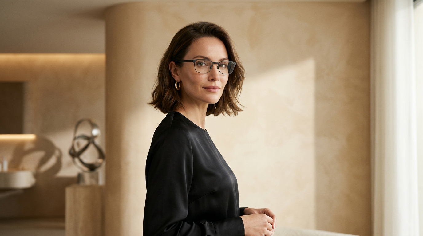 佩戴 Moonix 智能眼镜的高端主视觉人物图